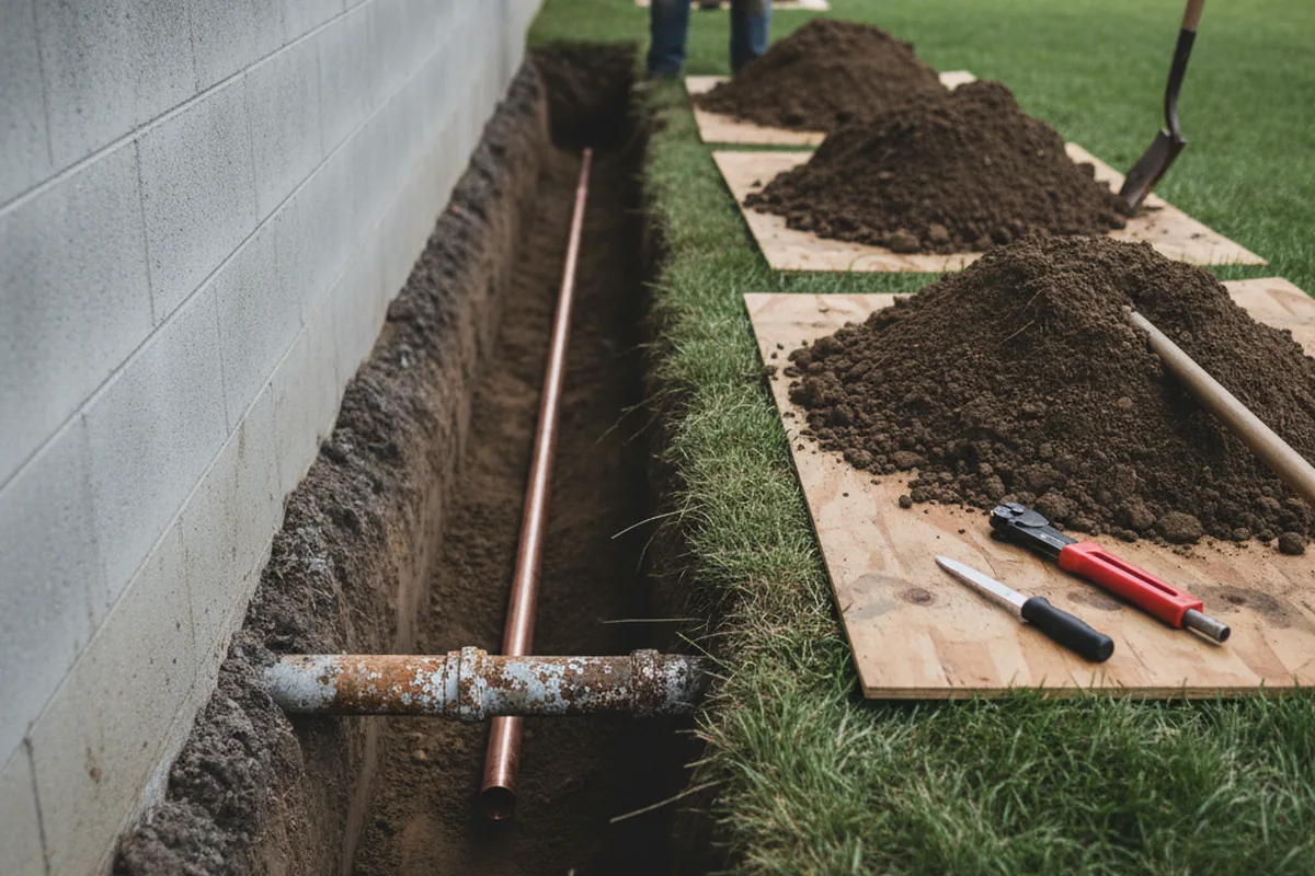 Excavated water line trench during Water Softener Installation in Rosebud